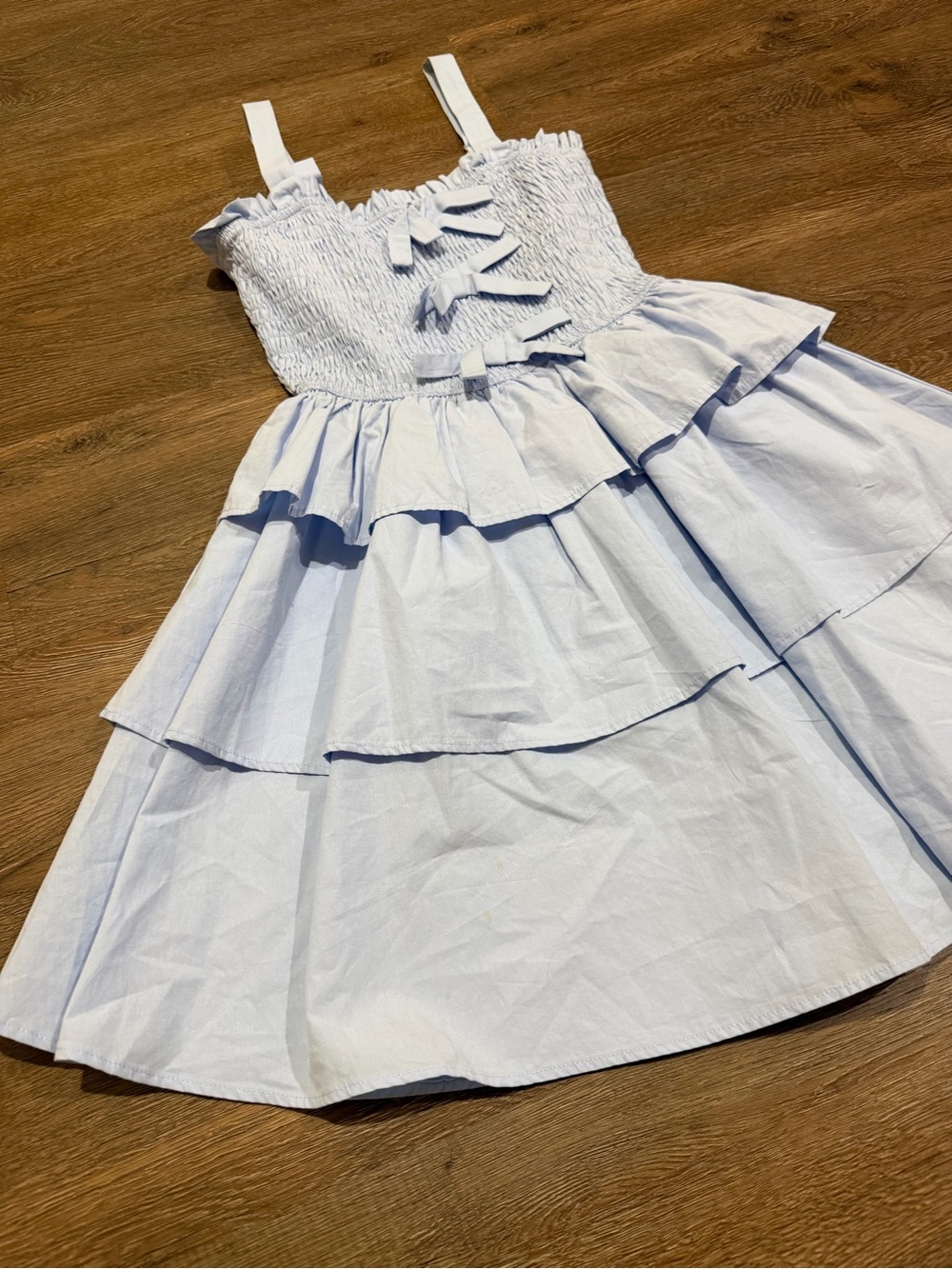 Baby Pink Blue Smocked Bow Tiered Mini Dress Size Small Coquette Cottagecore - Picture 3 of 9